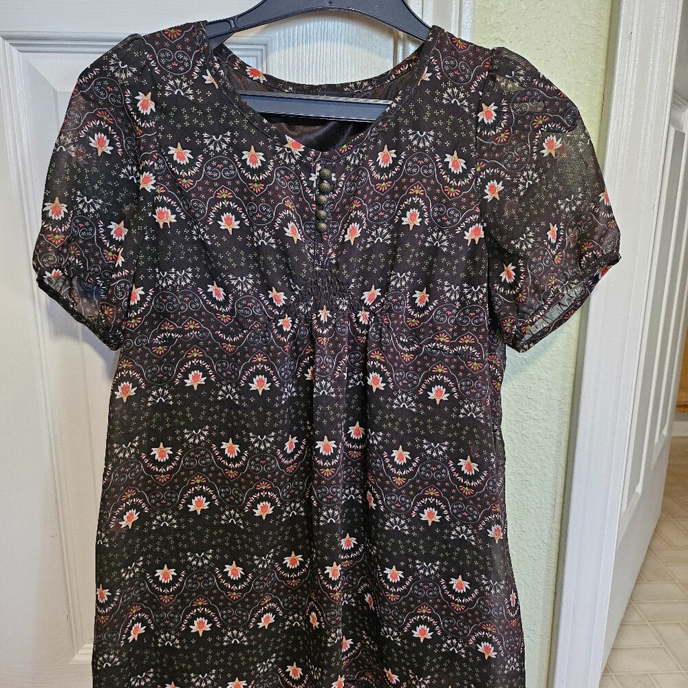 💚ab.F.Z Boho Floral Print Sheer Blouse with Front Buttons Short Sleeve Size M